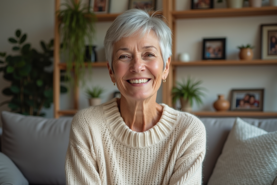 Femme senior souriante avec coupe pixie élégante