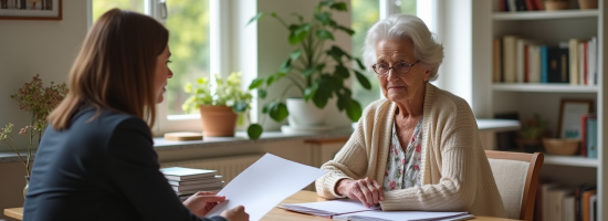 Femme senior en conseil familial dans un salon lumineux