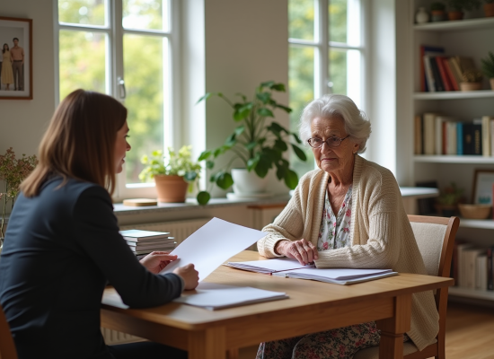 Femme senior en conseil familial dans un salon lumineux