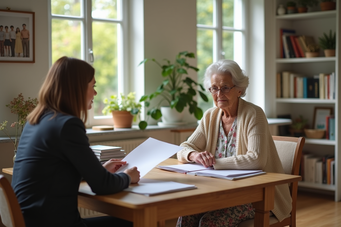 Femme senior en conseil familial dans un salon lumineux