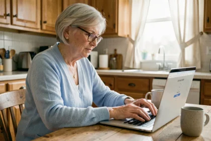 Femme senior créant son compte en ligne sur un ordinateur portable dans une cuisine chaleureuse