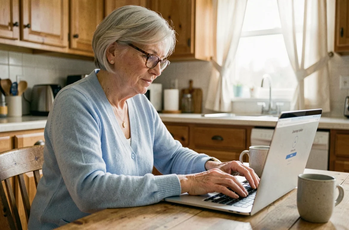 Femme senior créant son compte en ligne sur un ordinateur portable dans une cuisine chaleureuse