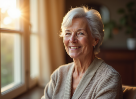 Femme senior élégante souriante près d'une fenêtre en lumière naturelle