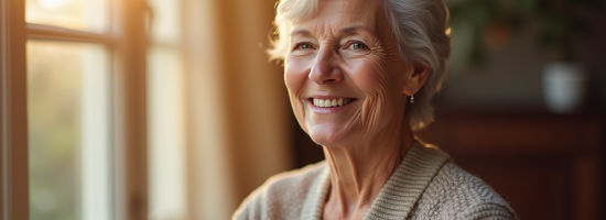 Femme senior élégante souriante près d'une fenêtre en lumière naturelle