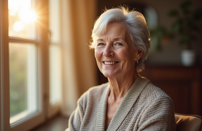 Femme senior élégante souriante près d'une fenêtre en lumière naturelle