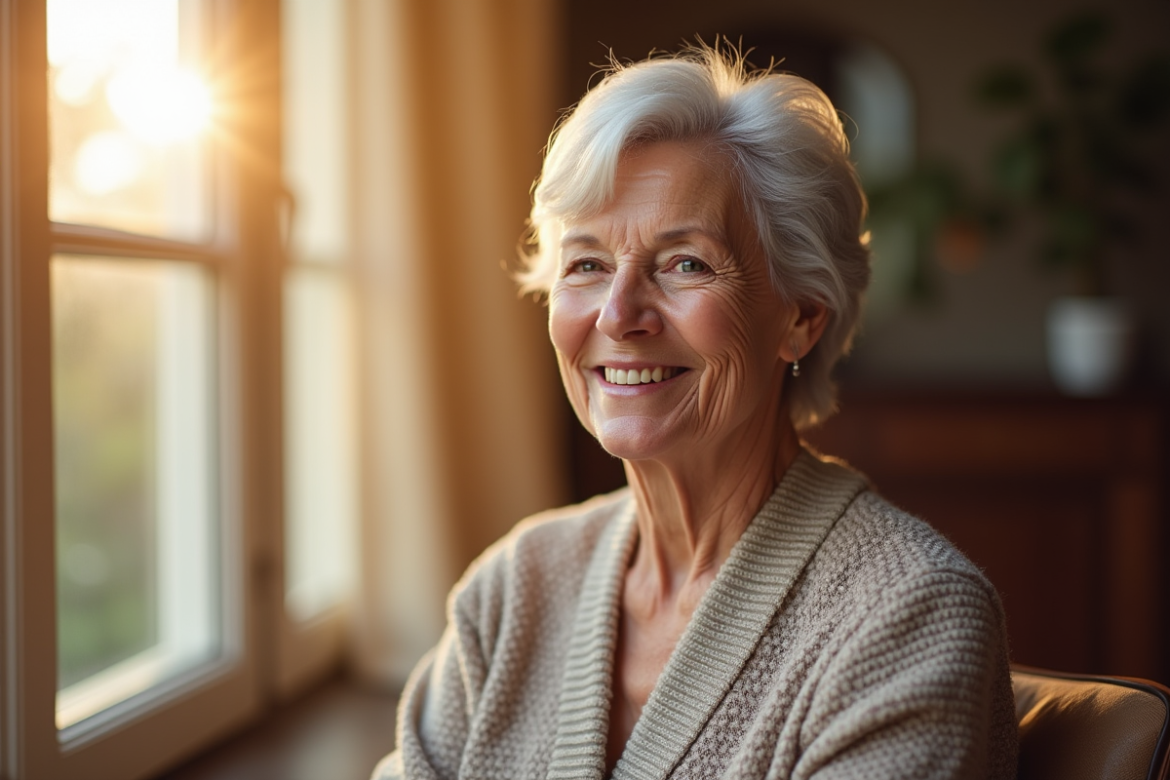 Femme senior élégante souriante près d'une fenêtre en lumière naturelle