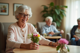 Femme senior souriante arrangeant un bouquet dans un salon chaleureux
