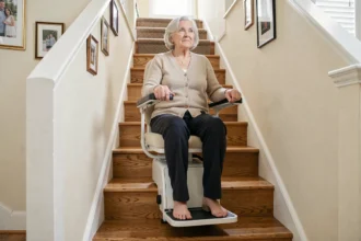 Femme senior assise sur un monte escaliers portable dans une maison, glissant confortablement le long d'un escalier en bois