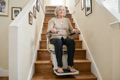 Femme senior assise sur un monte escaliers portable dans une maison, glissant confortablement le long d'un escalier en bois
