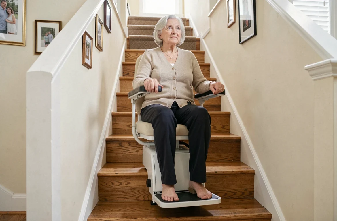 Femme senior assise sur un monte escaliers portable dans une maison, glissant confortablement le long d'un escalier en bois