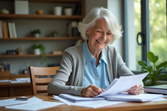 Femme senior souriante organisant des documents dans un bureau