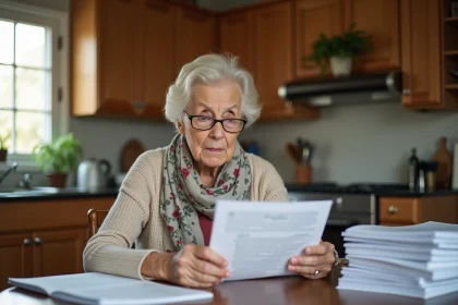 Femme senior examinant des papiers à la maison