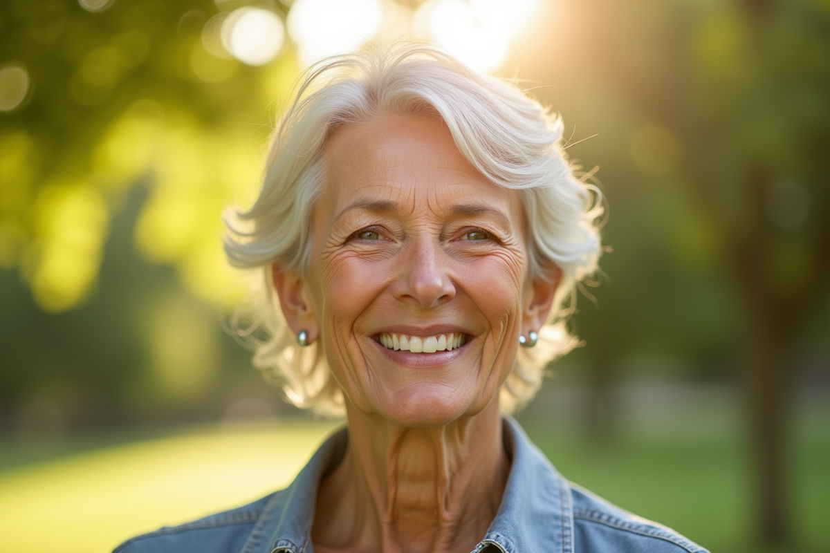 Femme senior joyeuse dans un parc en plein soleil
