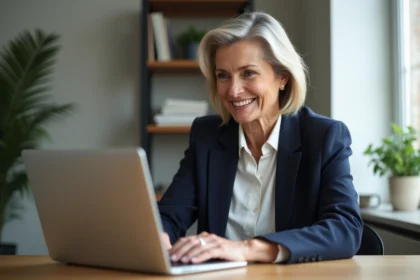 Femme senior souriante utilisant un site d'emploi senior sur un ordinateur portable dans un bureau à domicile