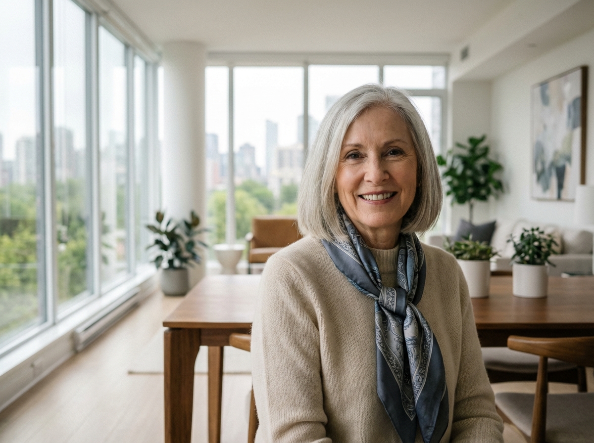 Femme senior souriante dans un intérieur moderne
