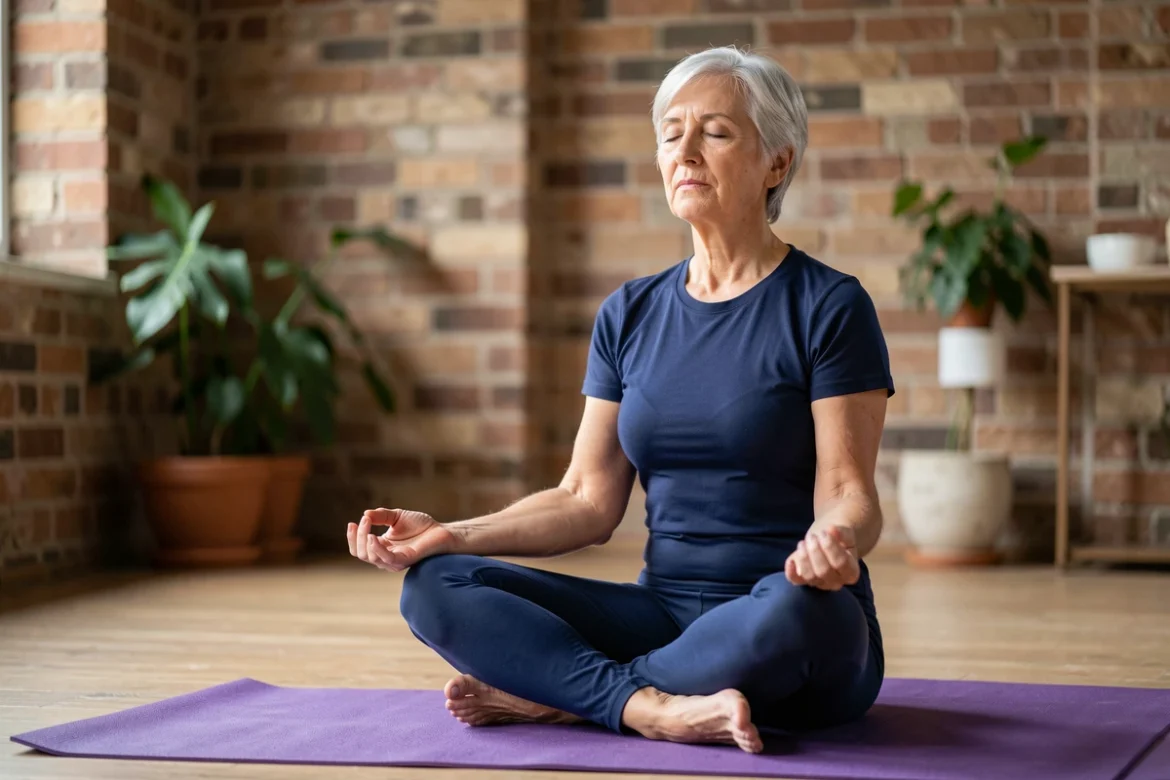 Femme senior en posture de méditation sur un tapis de yoga dans un studio de bien-être