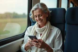 Femme dans la cinquantaine consulte des offres de voyage sur son smartphone dans un train
