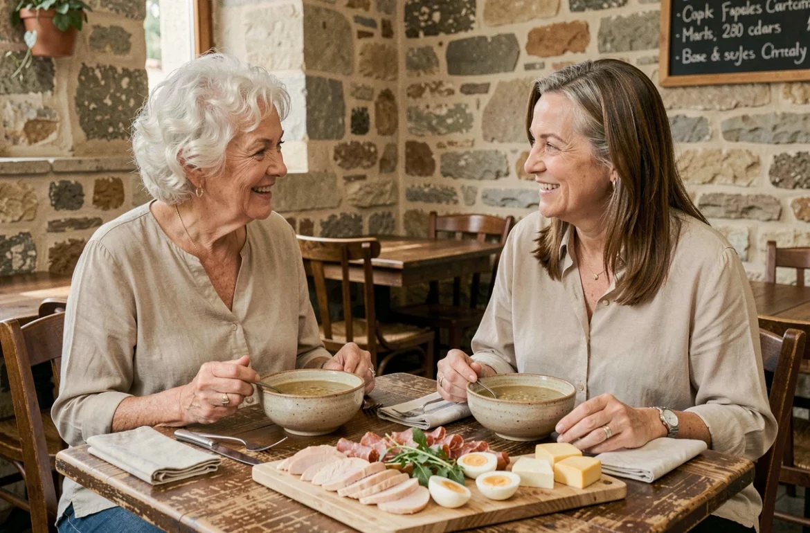 Deux femmes de 65 ans partageant un repas protéiné équilibré avec lentilles, œufs et charcuterie dans un bistrot rustique