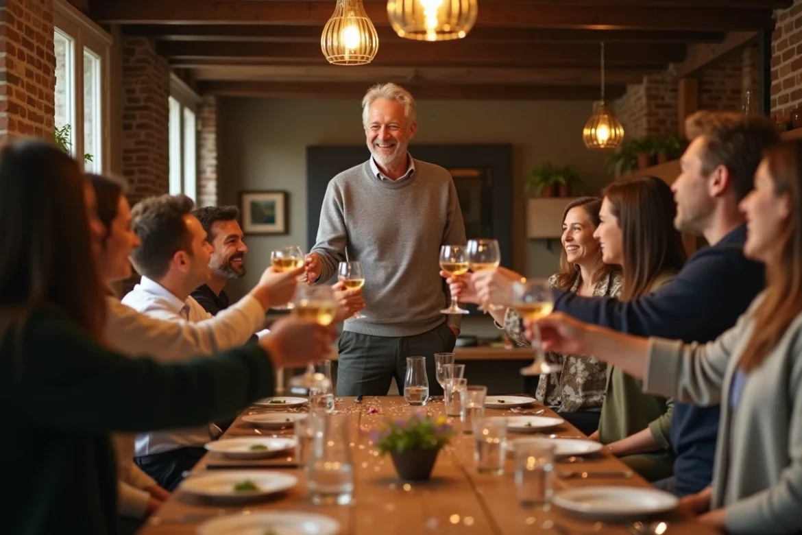 Homme souriant en retraite trinquant avec famille et amis autour d'une grande table lors d'une fête de départ