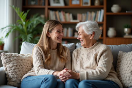 Fille et mère souriantes dans leur salon chaleureux