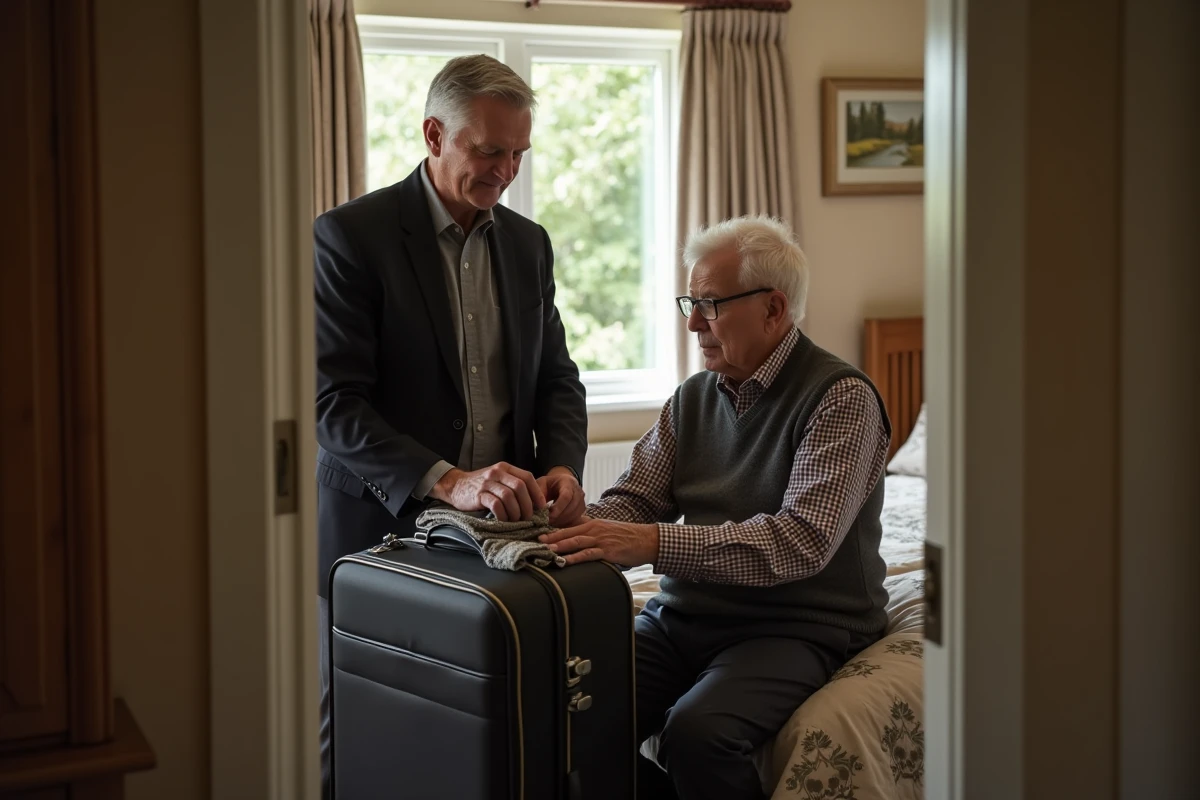 Fils aide son père à faire ses valises dans une chambre de retraite