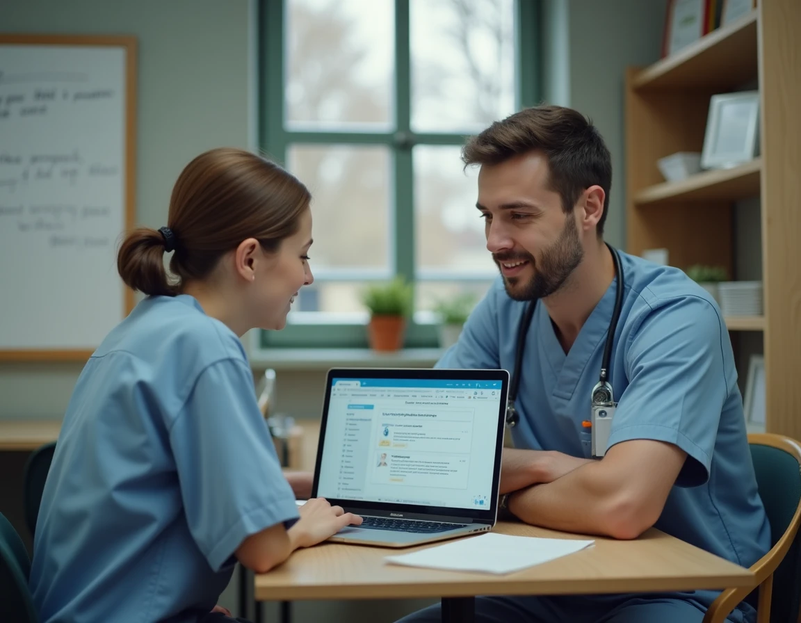 Infirmière formatrice accompagnant un aide-soignant lors d'une session individuelle d'apprentissage du logiciel NETSoins colisée