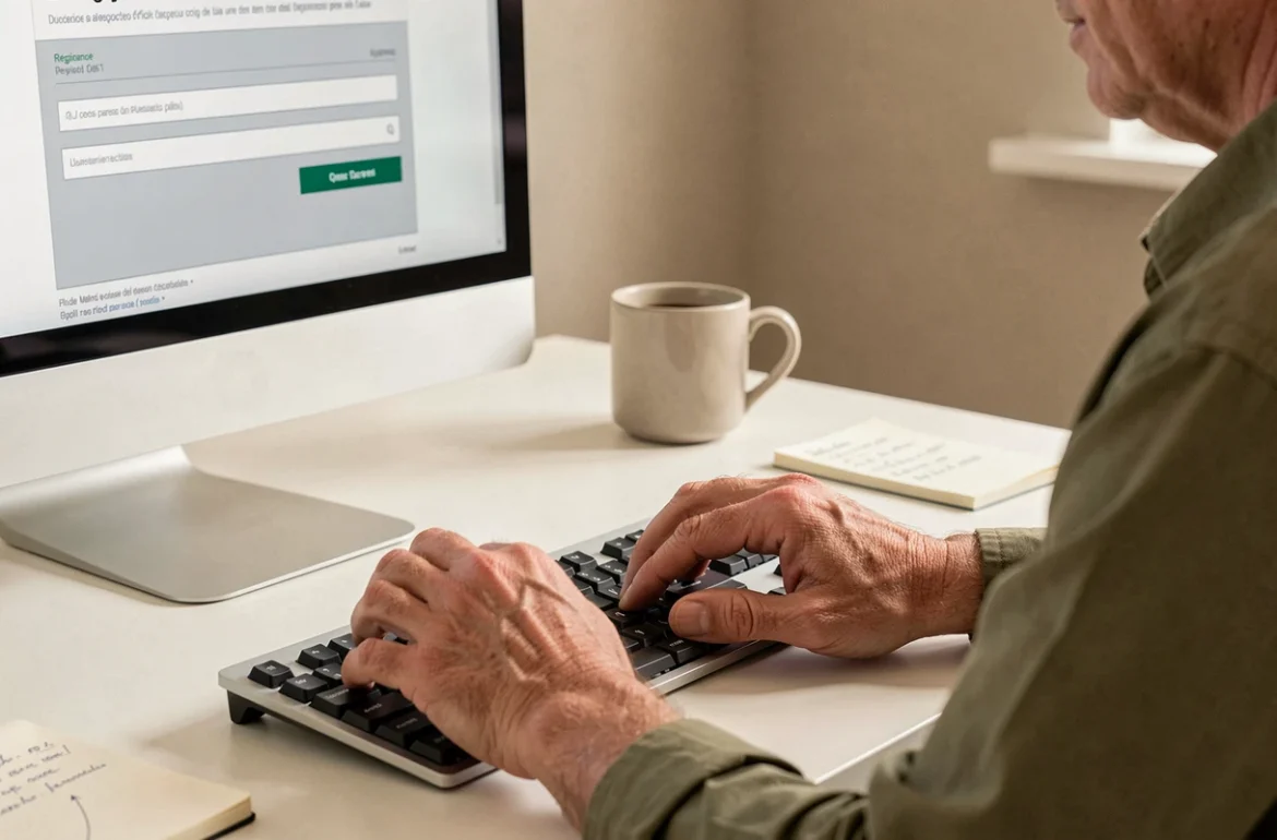 Mains tapant sur un clavier pour remplir un formulaire d'inscription à l'espace personnel Carsat en ligne