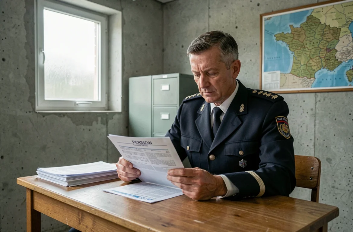 Gendarme en uniforme consultant ses documents de retraite dans un bureau de caserne