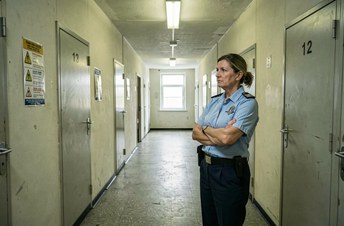 Femme gendarme dans le couloir d'un logement de caserne, illustrant la vie en logement de fonction