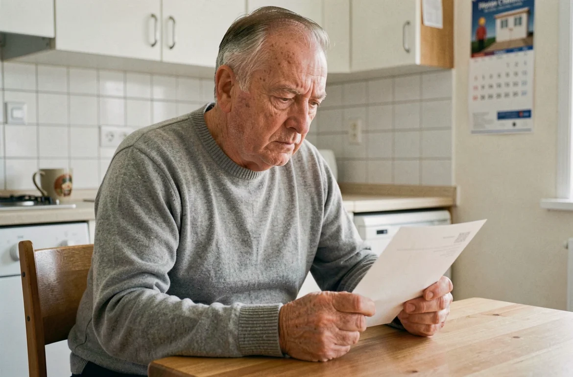 Gendarme retraité lisant une lettre de pension dans son appartement de caserne