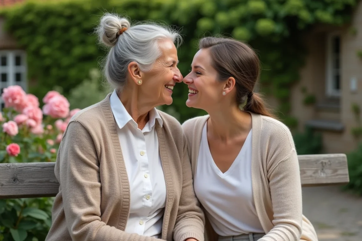 Grand-mère et petite-fille adulte riant ensemble dans un jardin fleuri pour la fête des mères