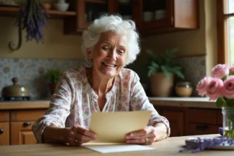 Grand-mère souriante lisant un poème manuscrit pour la fête des mères dans une cuisine rustique française