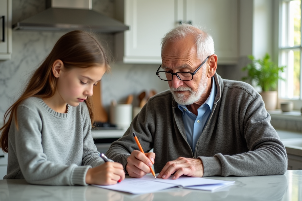 Grand-pere remplissant un chèque avec une adolescente attentive