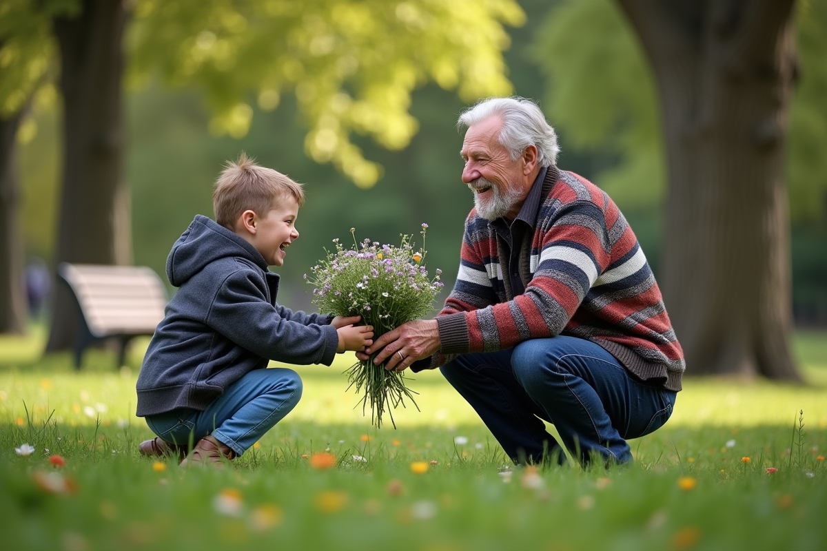 Un grand-pere et son petit-fils dans un parc en été