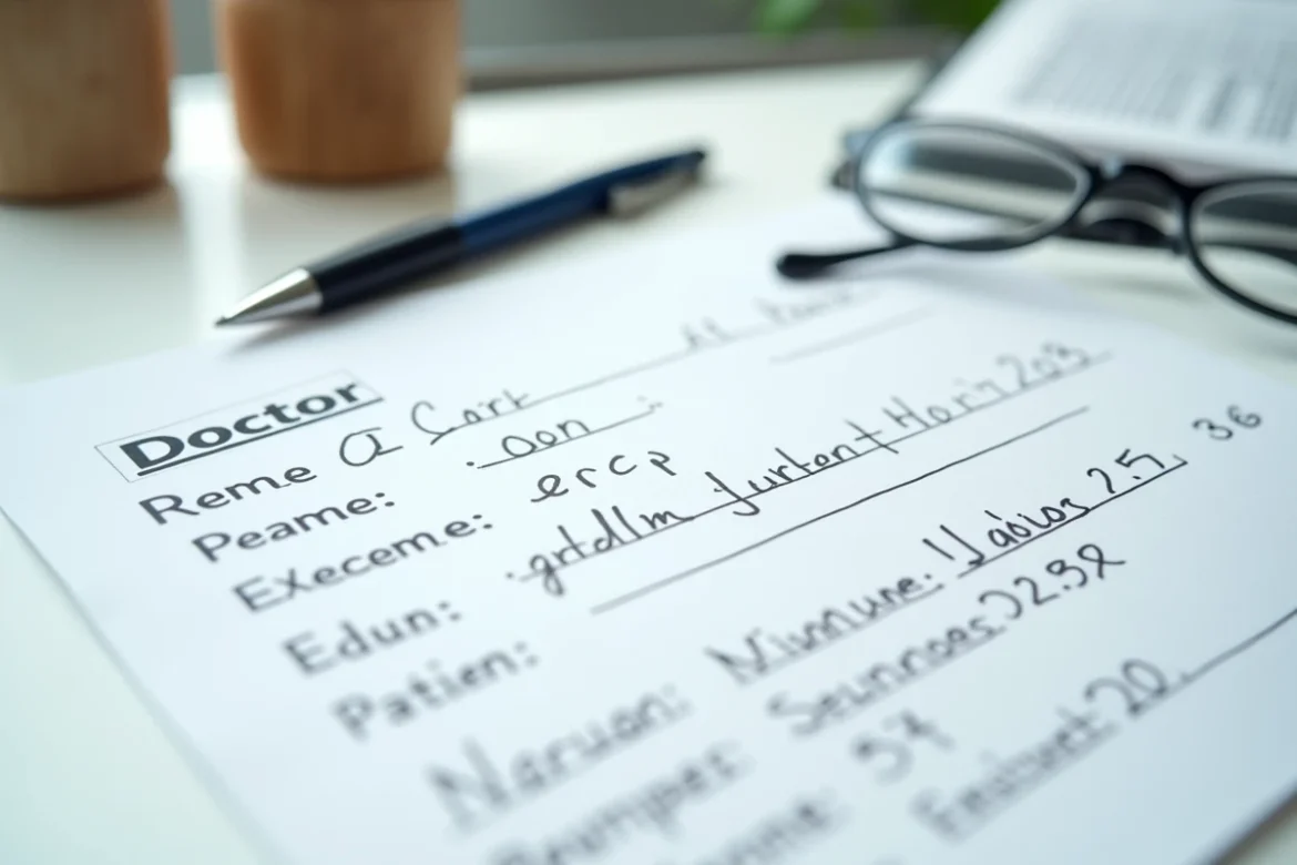 Gros plan d'une ordonnance médicale avec coordonnées et cachets de médecin retraité