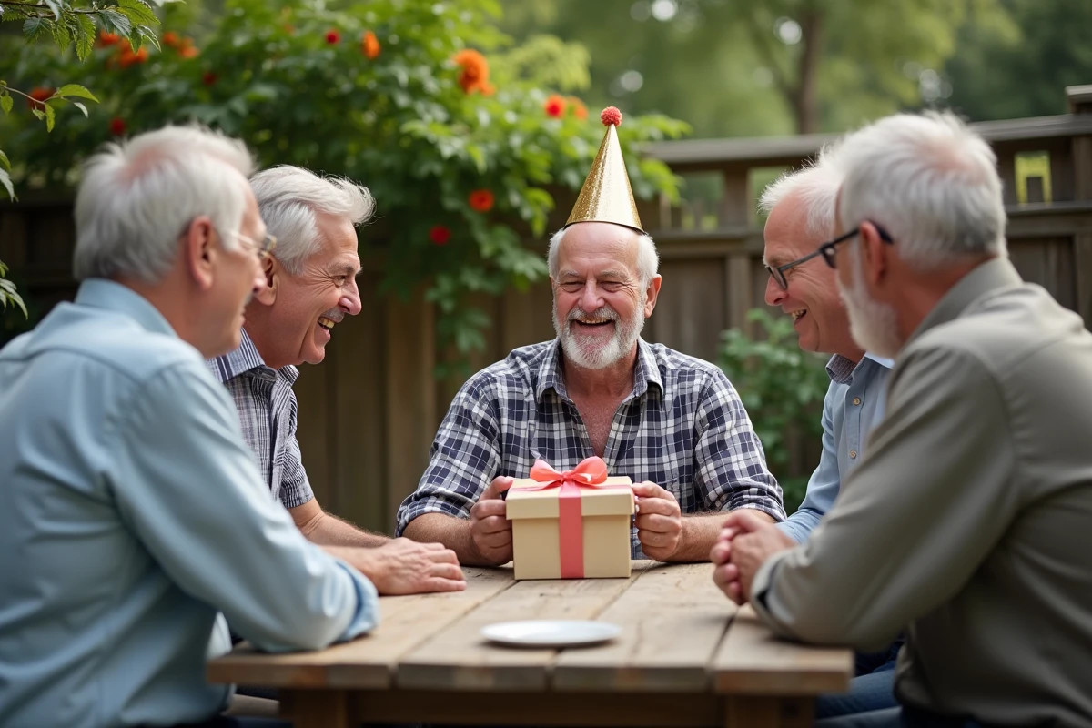 Groupe d amis riant autour d une table de jardin