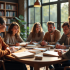 Groupe de personnes diverses en discussion dans une bibliothèque moderne