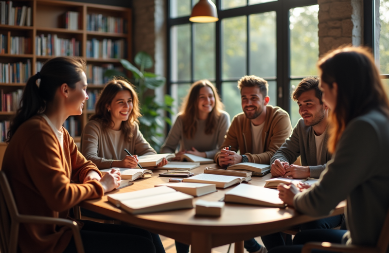 Groupe de personnes diverses en discussion dans une bibliothèque moderne