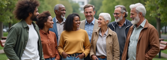 Groupe divers d'adultes dans un parc urbain convivial
