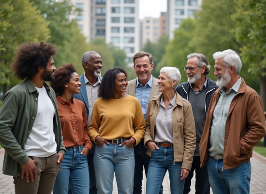 Groupe divers d'adultes dans un parc urbain convivial