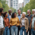 Groupe divers d'adultes dans un parc urbain convivial