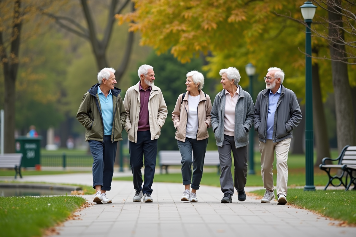Groupe de seniors marchant dans un parc urbain