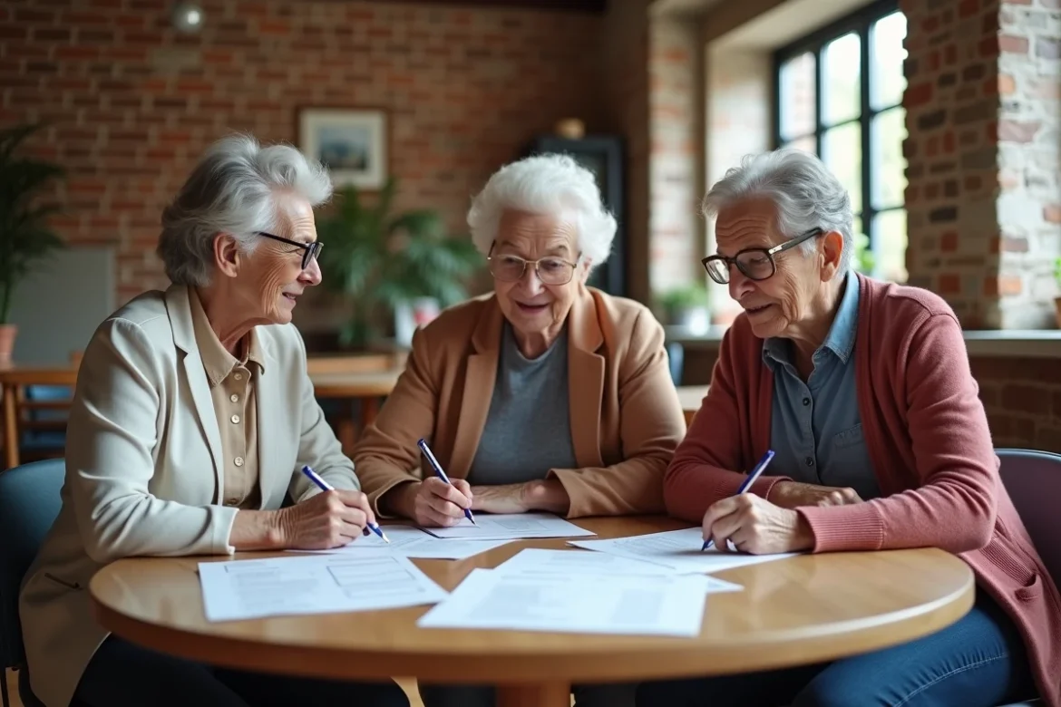 Groupe de seniors en atelier de recherche d'emploi autour d'une table dans un espace de coworking