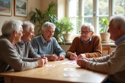 Groupe de seniors français jouant à un jeu de mémoire dans un centre