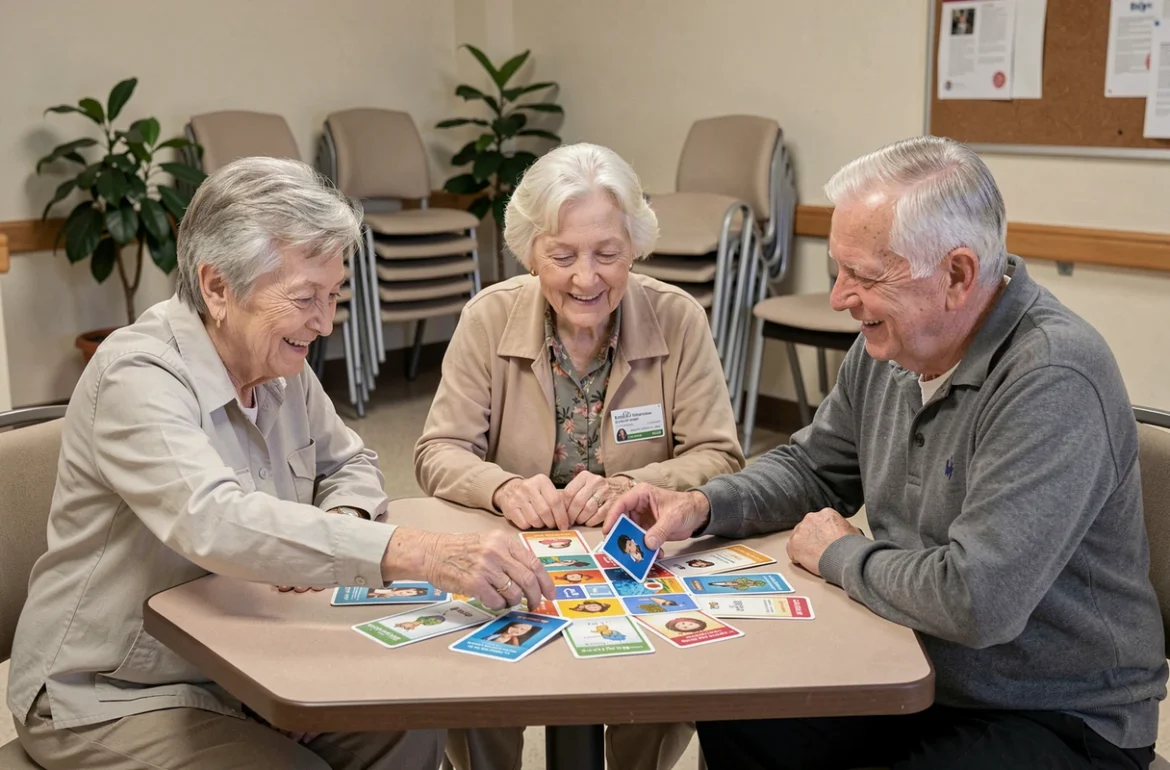 Groupe de personnes âgées jouant à un jeu de mémoire en établissement pour stimuler la cognition malgré l'Alzheimer