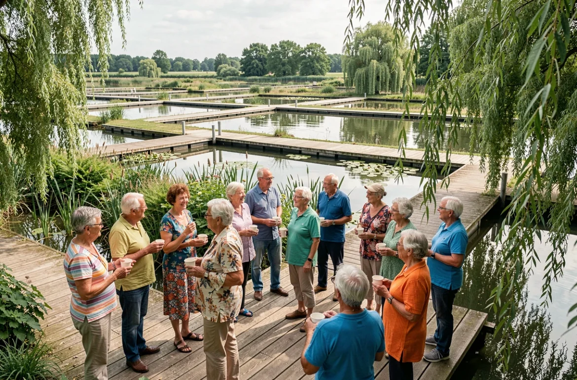 Groupe de résidents seniors profitant du cadre verdoyant des Hortillonnages à la résidence HAPPY SENIOR à Amiens