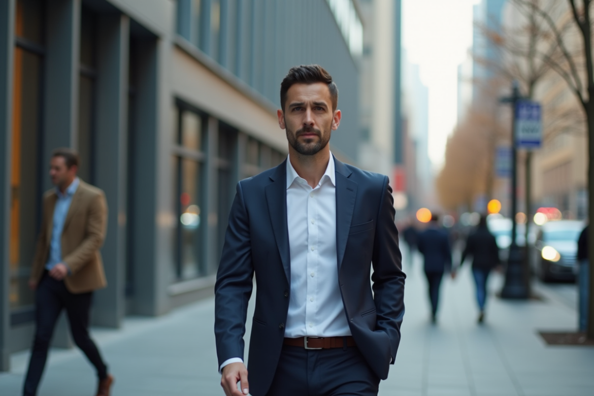 Homme d'affaires marchant dans la ville moderne