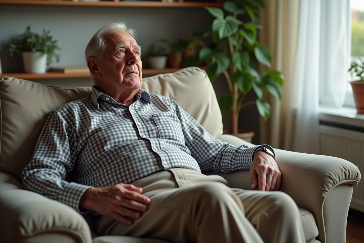 Homme âgé assis sur un canapé dans un salon lumineux
