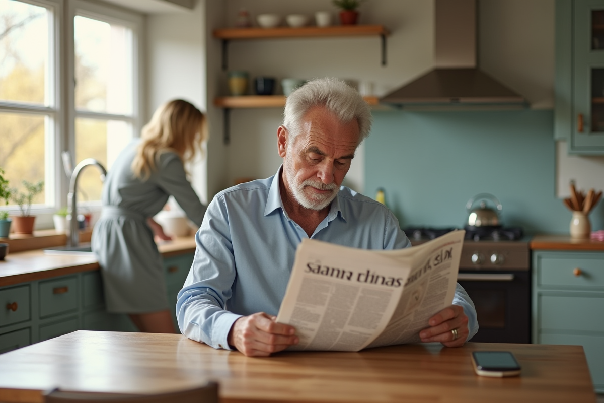 Homme agee lisant le journal dans une cuisine propre et moderne