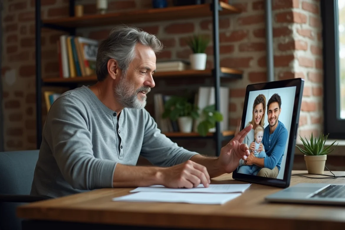 Homme configurant un cadre photo connecté dans un bureau à domicile pour partager des souvenirs en famille